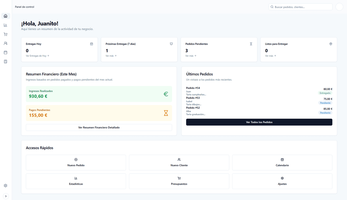 Panel de gestión de Cakely para tu pastelería