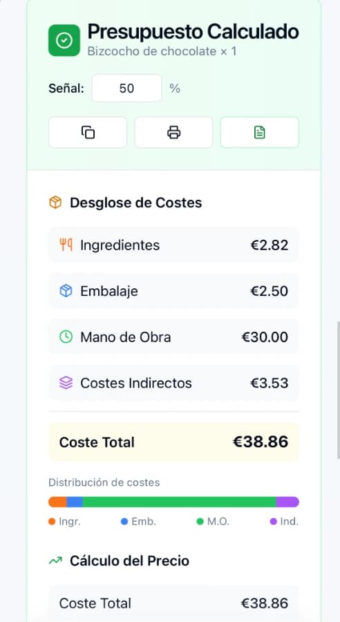 Captura de Cakely en el móvil: desglose de costes de un presupuesto, 38,86 € de coste total