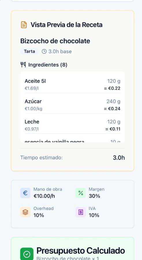 Captura de Cakely en el móvil: receta de bizcocho de chocolate con el coste de cada ingrediente