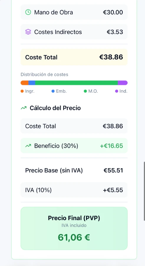 Captura de Cakely en el móvil: precio final de un bizcocho de chocolate, 61,06 € con IVA incluido